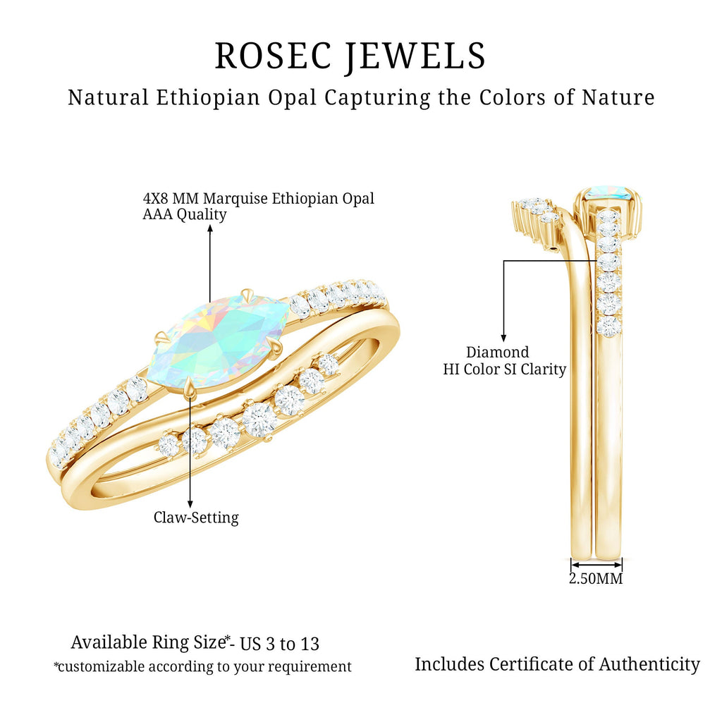 Natural Ethiopian Rainbow Opal Diamond East West Engagement Ring Wedding Band Set