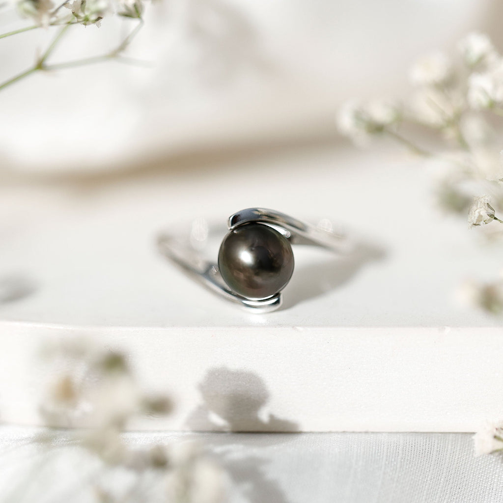 Tahitian Black Pearl Solitaire Bypass Engagement Ring