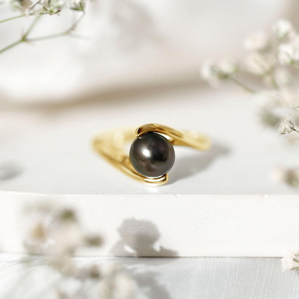Tahitian Black Pearl Solitaire Bypass Engagement Ring
