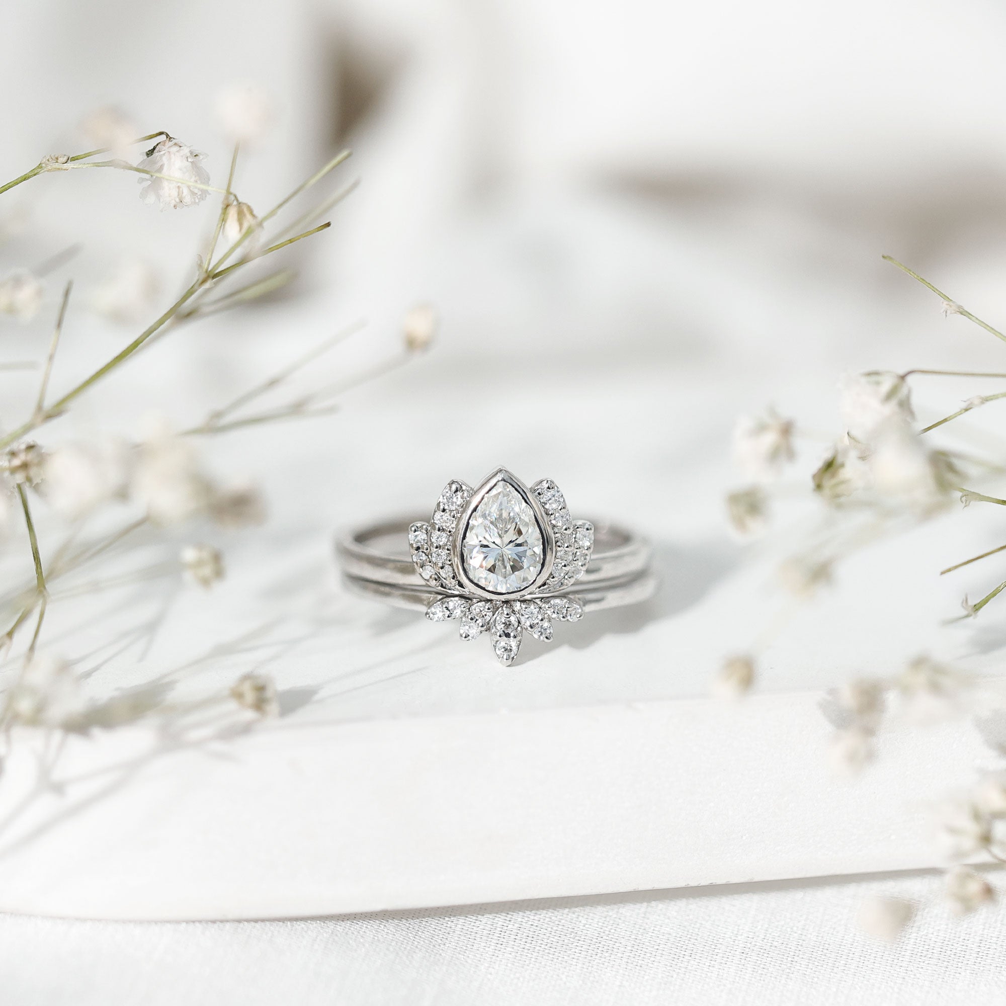 Certified Moissanite Lotus Flower Bridal Ring Set