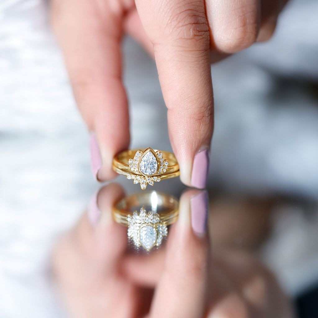 Certified Moissanite Lotus Flower Bridal Ring Set