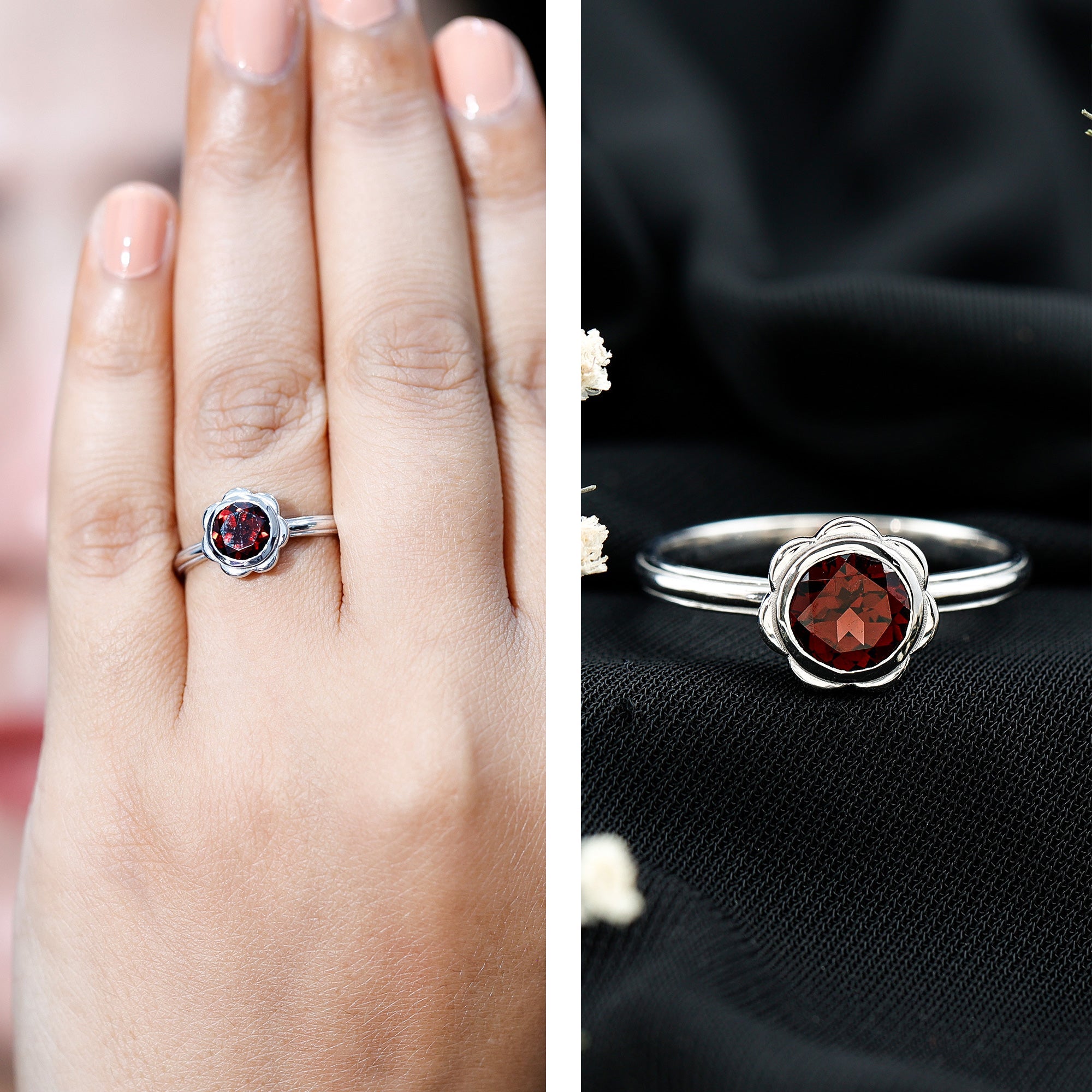 1.7 Carat Round Cut Garnet Flower Engagement Ring for Women