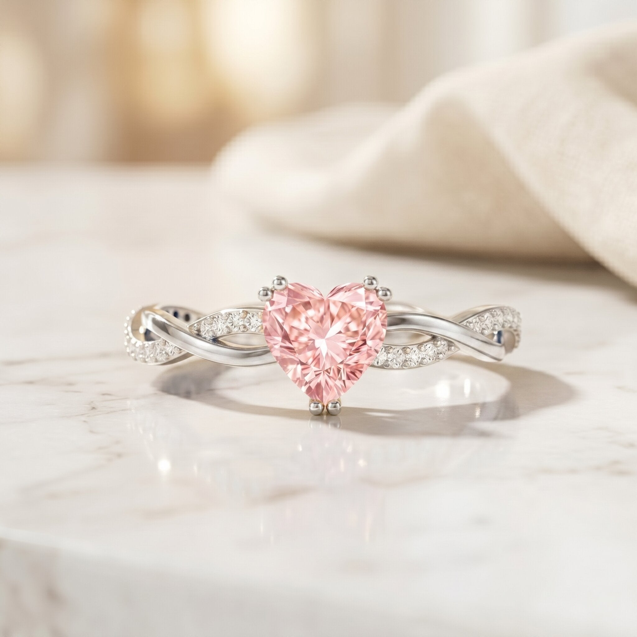 1 CT IGI Certified Lab Grown Pink Diamond Heart Engagement Ring with Crossover Shank