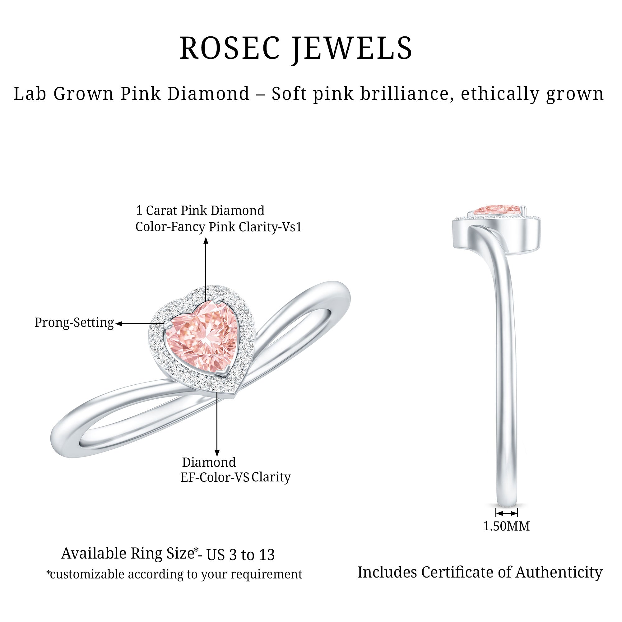 IGI Certified Lab Grown Pink Diamond Heart Promise Ring with Halo