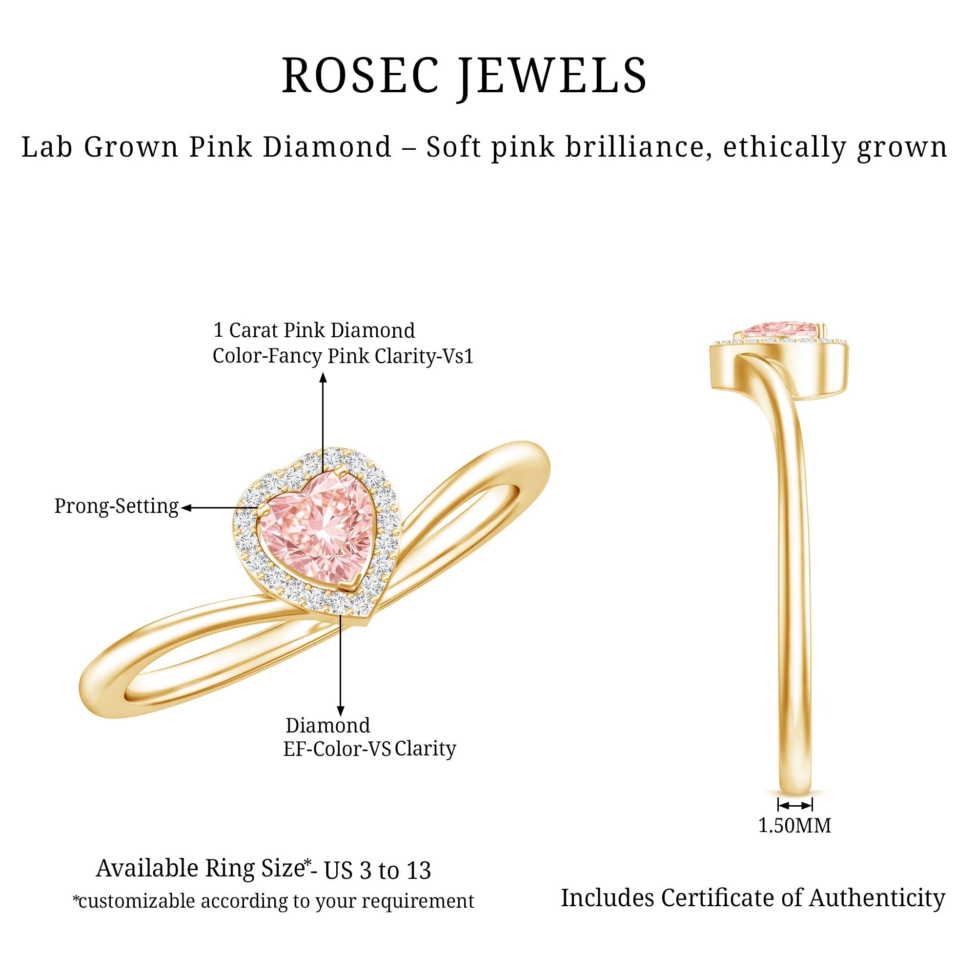 IGI Certified Lab Grown Pink Diamond Heart Promise Ring with Halo
