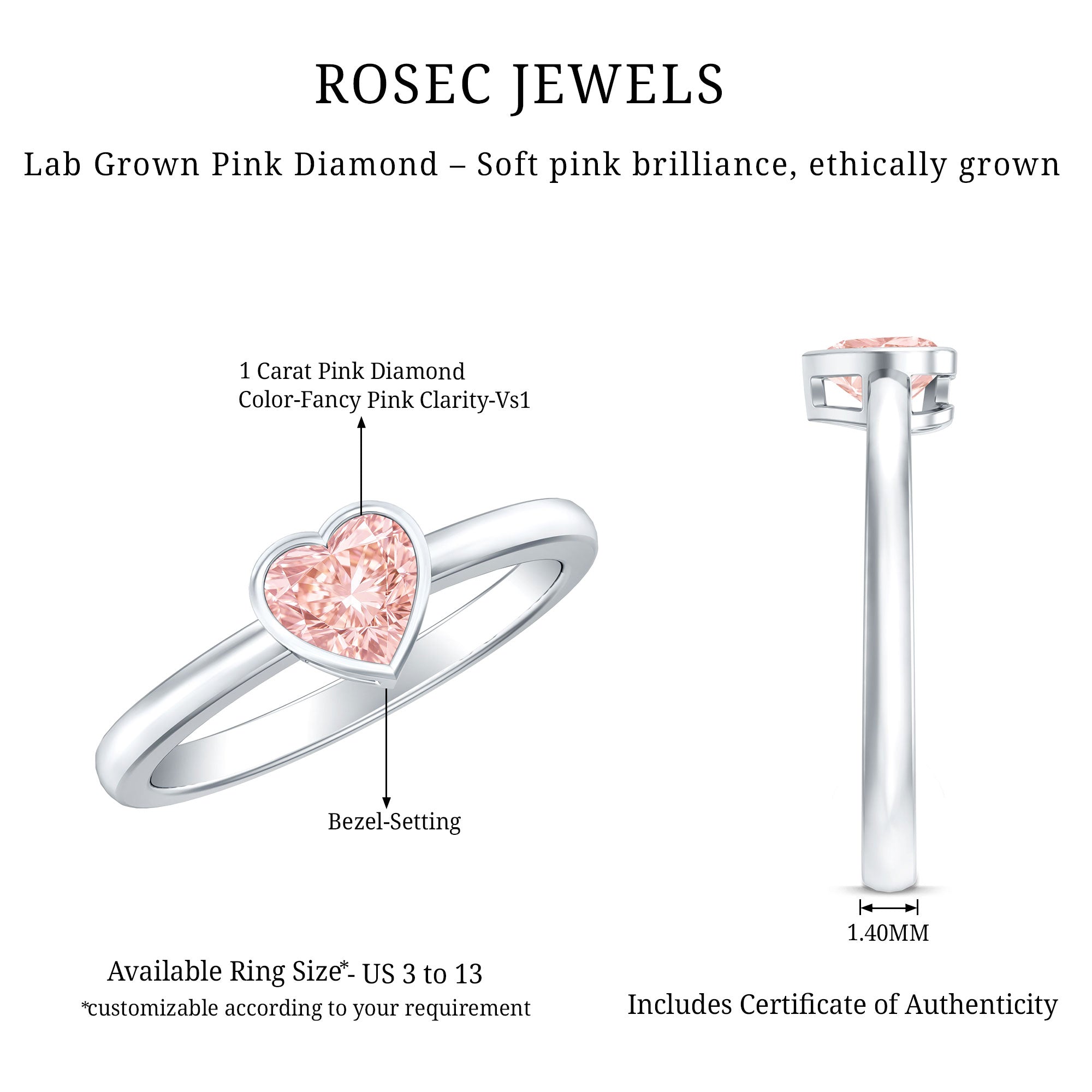 Bezel Set Lab Grown Pink Diamond Solitaire Promise Ring with IGI Certificate