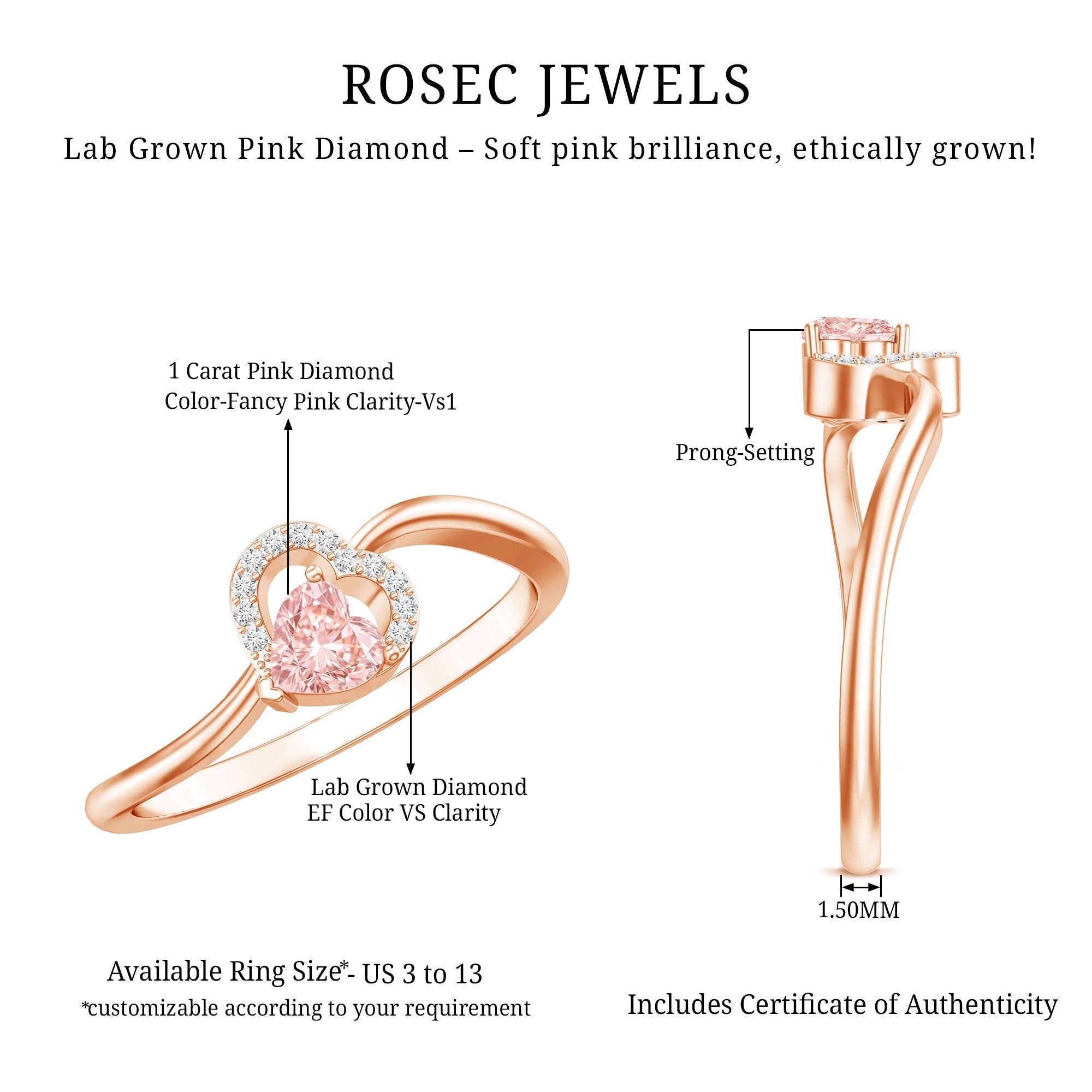 IGI Certified Lab Grown Pink Diamond Heart Promise Ring with Twisted Band