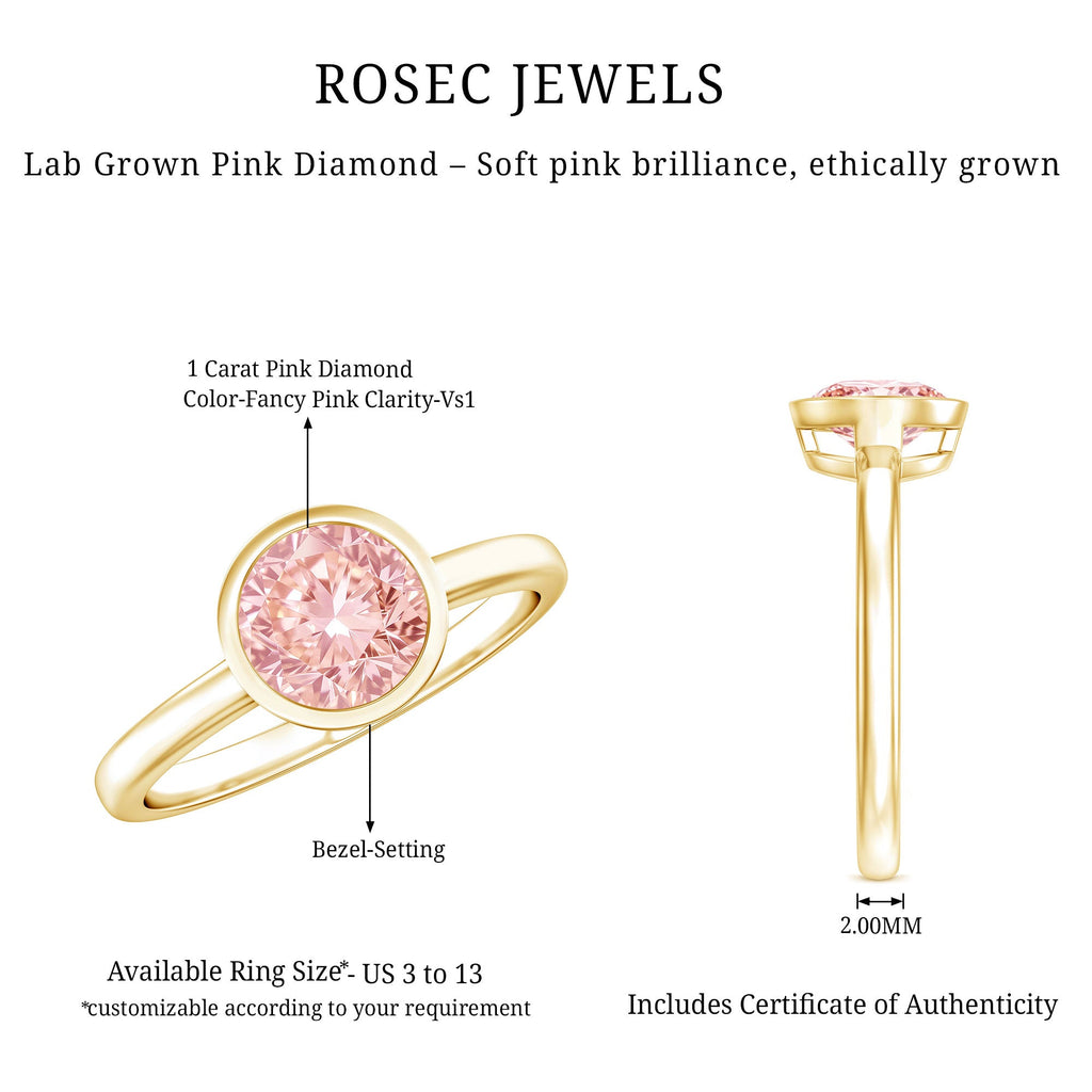 1 CT Lab Grown Pink Diamond Bezel Set Engagement Ring with IGI Certificate