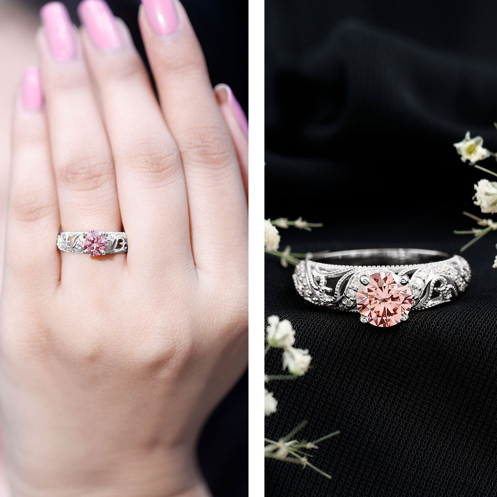 Lab Grown Pink Diamond Vintage Inspired Engagement Ring IGI Certified
