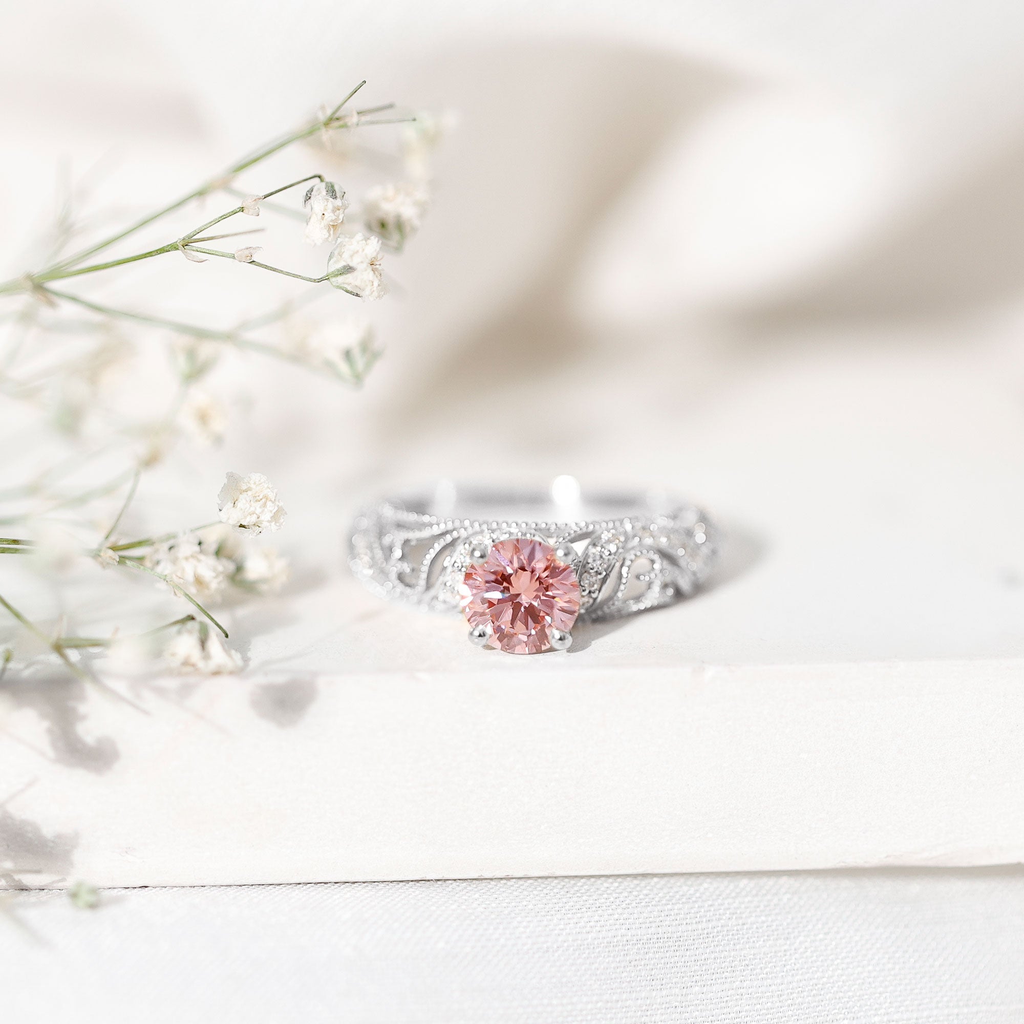 Lab Grown Pink Diamond Vintage Inspired Engagement Ring IGI Certified