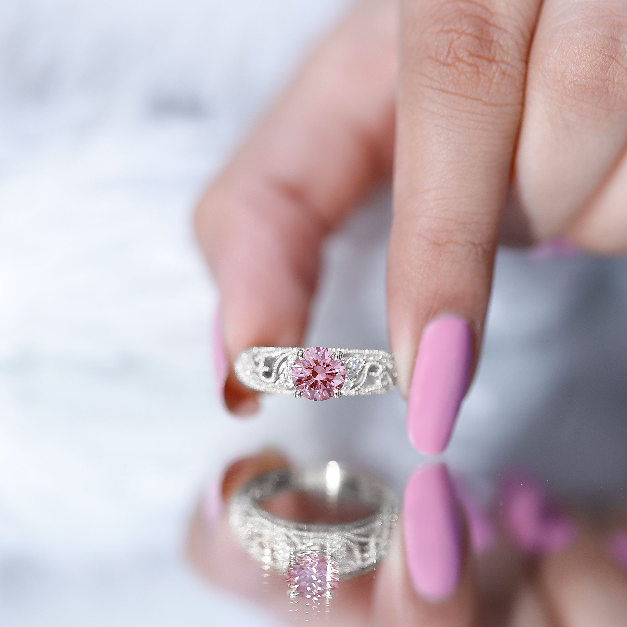 Lab Grown Pink Diamond Vintage Inspired Engagement Ring IGI Certified