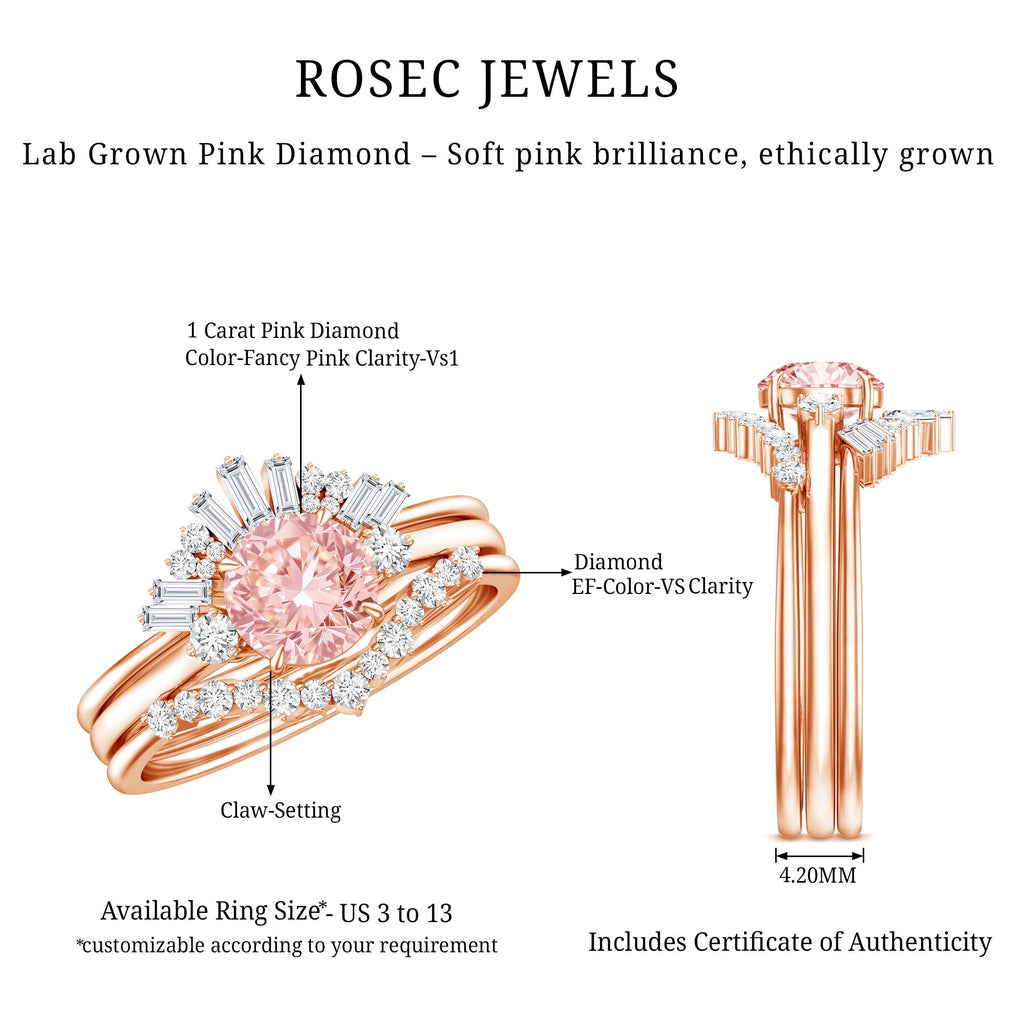 IGI Certified Lab Grown Pink White Diamond Trio Wedding Ring Set