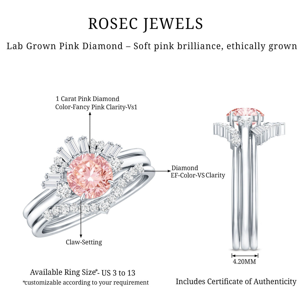 IGI Certified Lab Grown Pink White Diamond Trio Wedding Ring Set