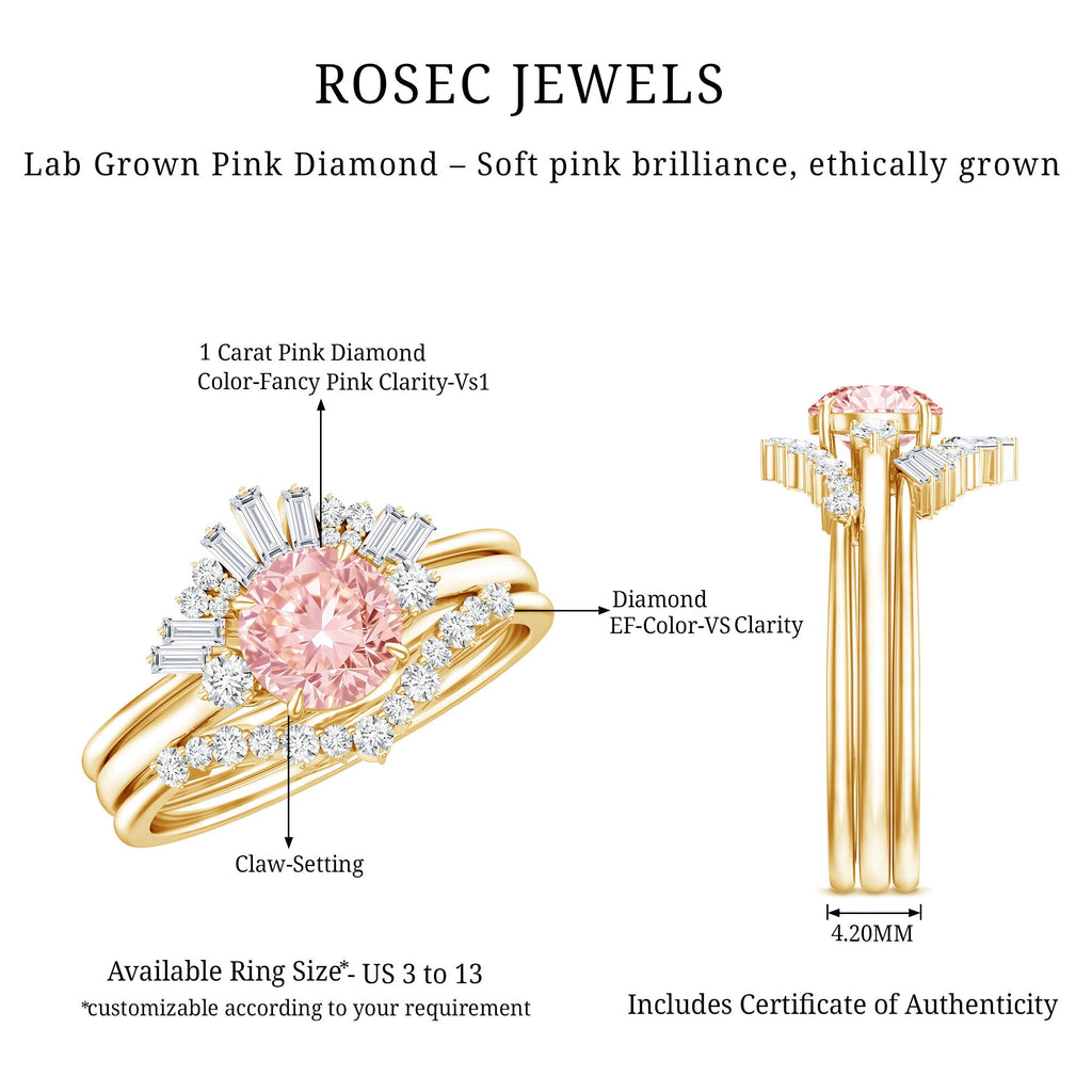 IGI Certified Lab Grown Pink White Diamond Trio Wedding Ring Set