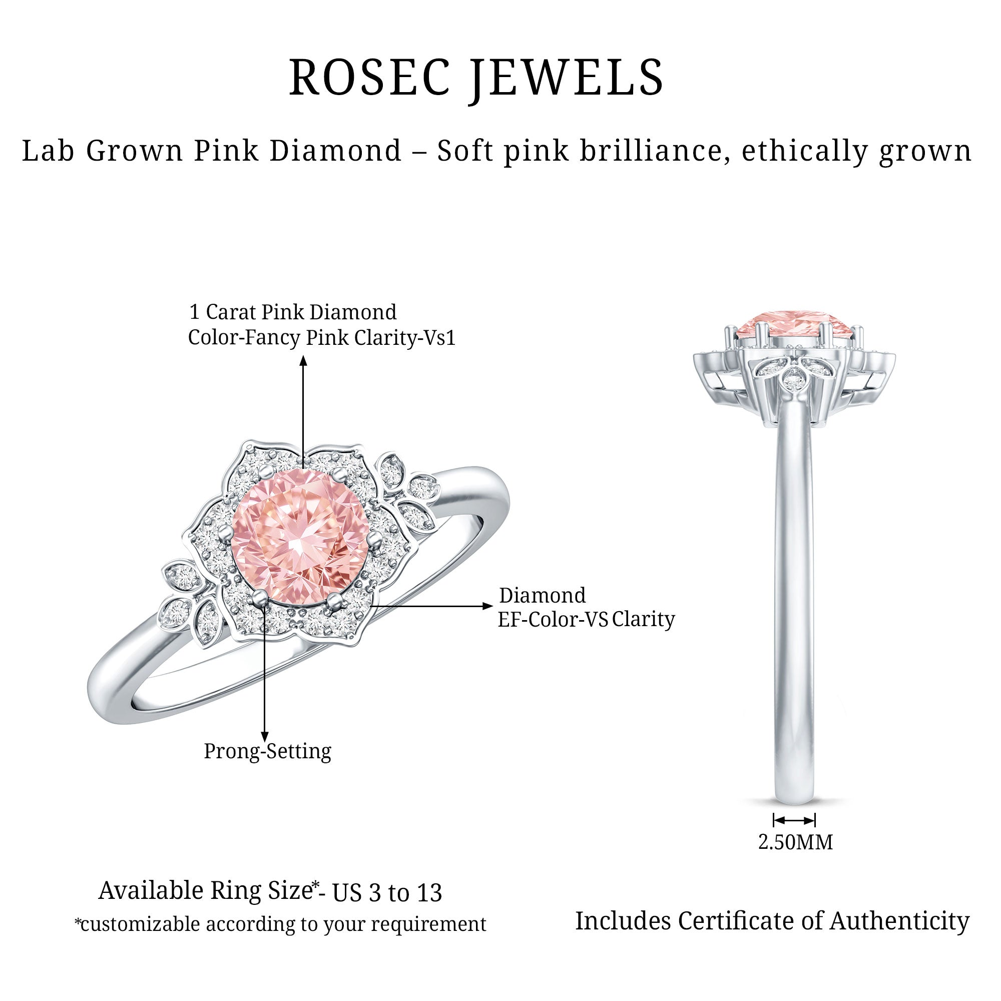Pink and White Lab Grown Diamond Designer Engagement Ring with IGI Certificate