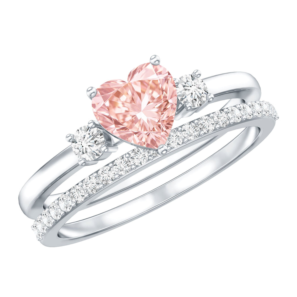 IGI Certified Lab Grown Pink Heart Engagement Ring With Diamond Wedding Band