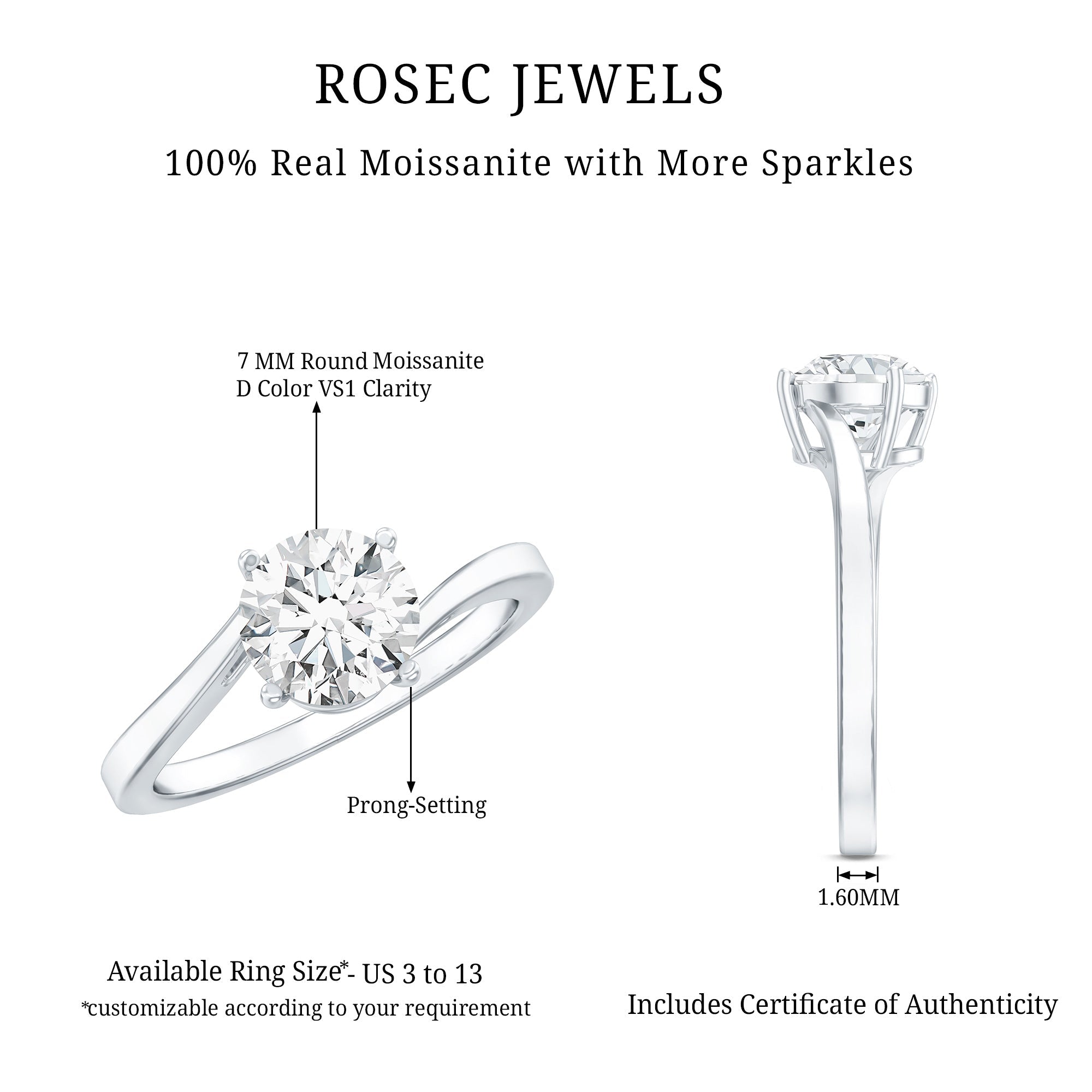 Certified Moissanite Solitaire Engagement Ring with Bypass Shank