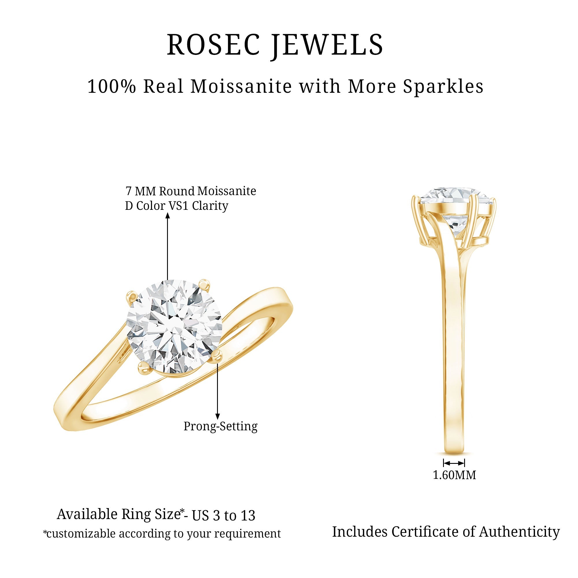 Certified Moissanite Solitaire Engagement Ring with Bypass Shank