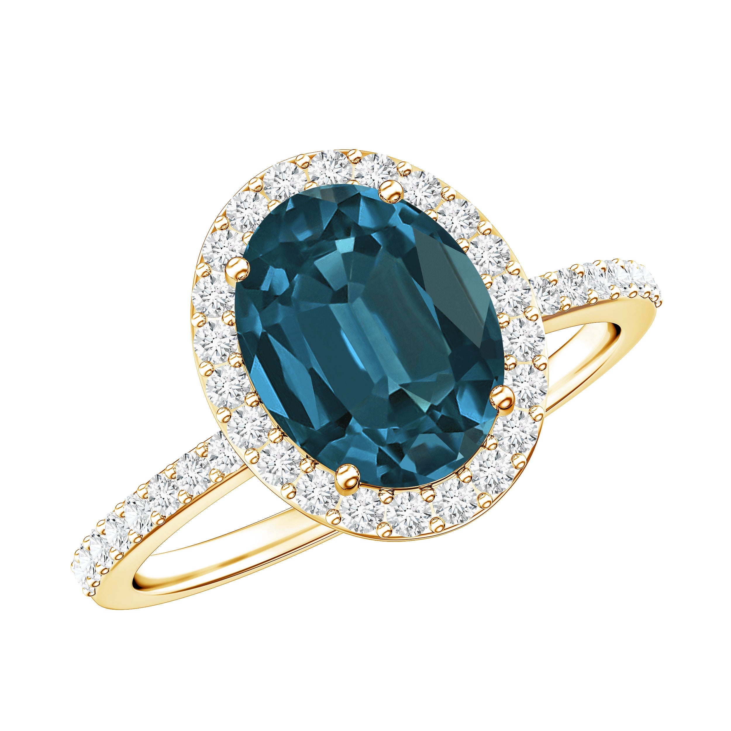 2.5 Carat Oval Cut London Blue Topaz Oblong Engagement Ring with Diamond Halo | Rings | Wiccan Center