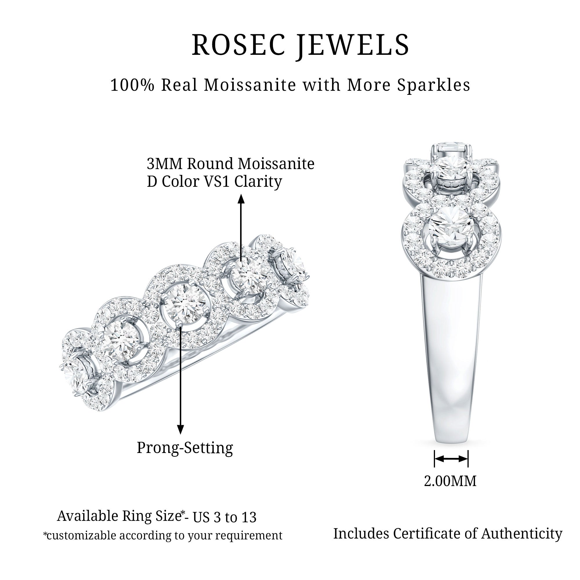 Certified Round Cut Moissanite Halo Classic Band Ring