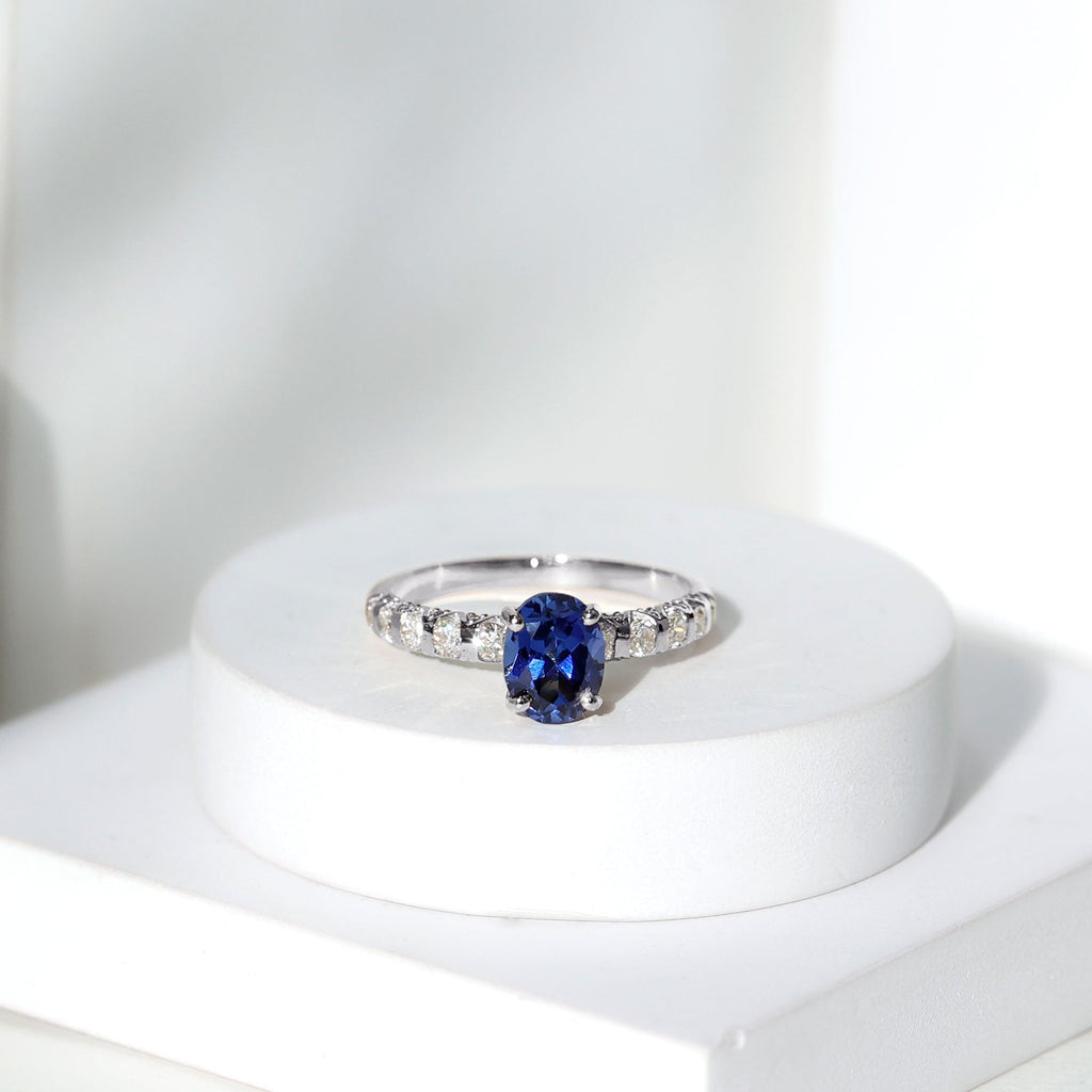 Certified 1.5 Carat Oval Lab Grown Blue Sapphire Engagement Ring with Diamond