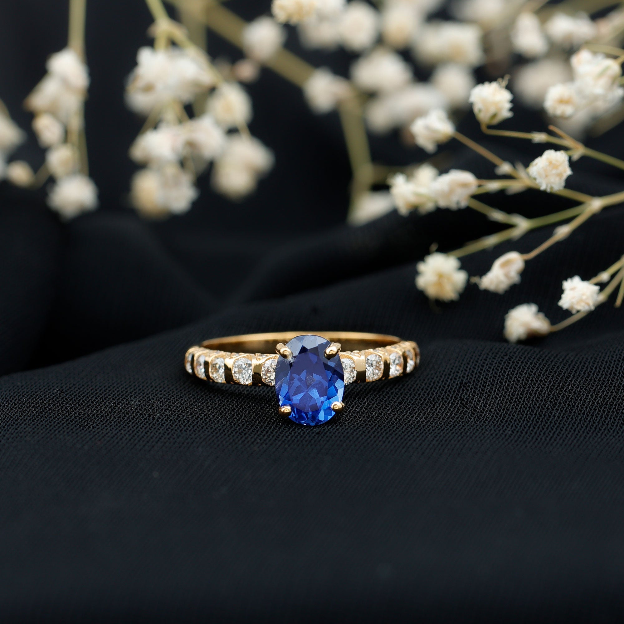 Certified 1.5 Carat Oval Lab Grown Blue Sapphire Engagement Ring with Diamond