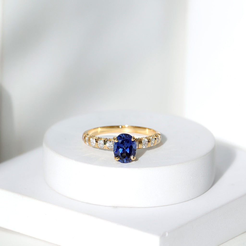Certified 1.5 Carat Oval Lab Grown Blue Sapphire Engagement Ring with Diamond