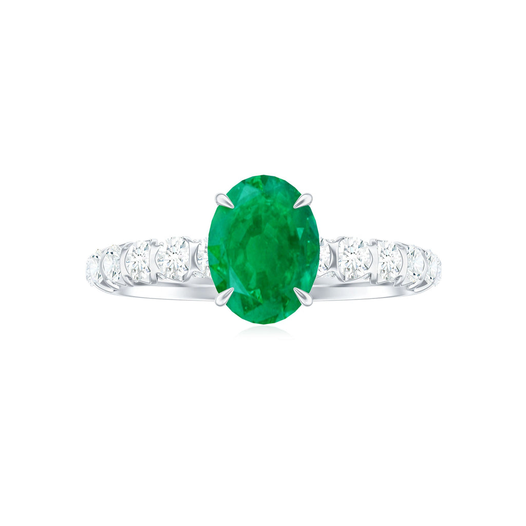 Natural 1.2 Carat Emerald Oval Engagement Ring with Diamond Side Stones