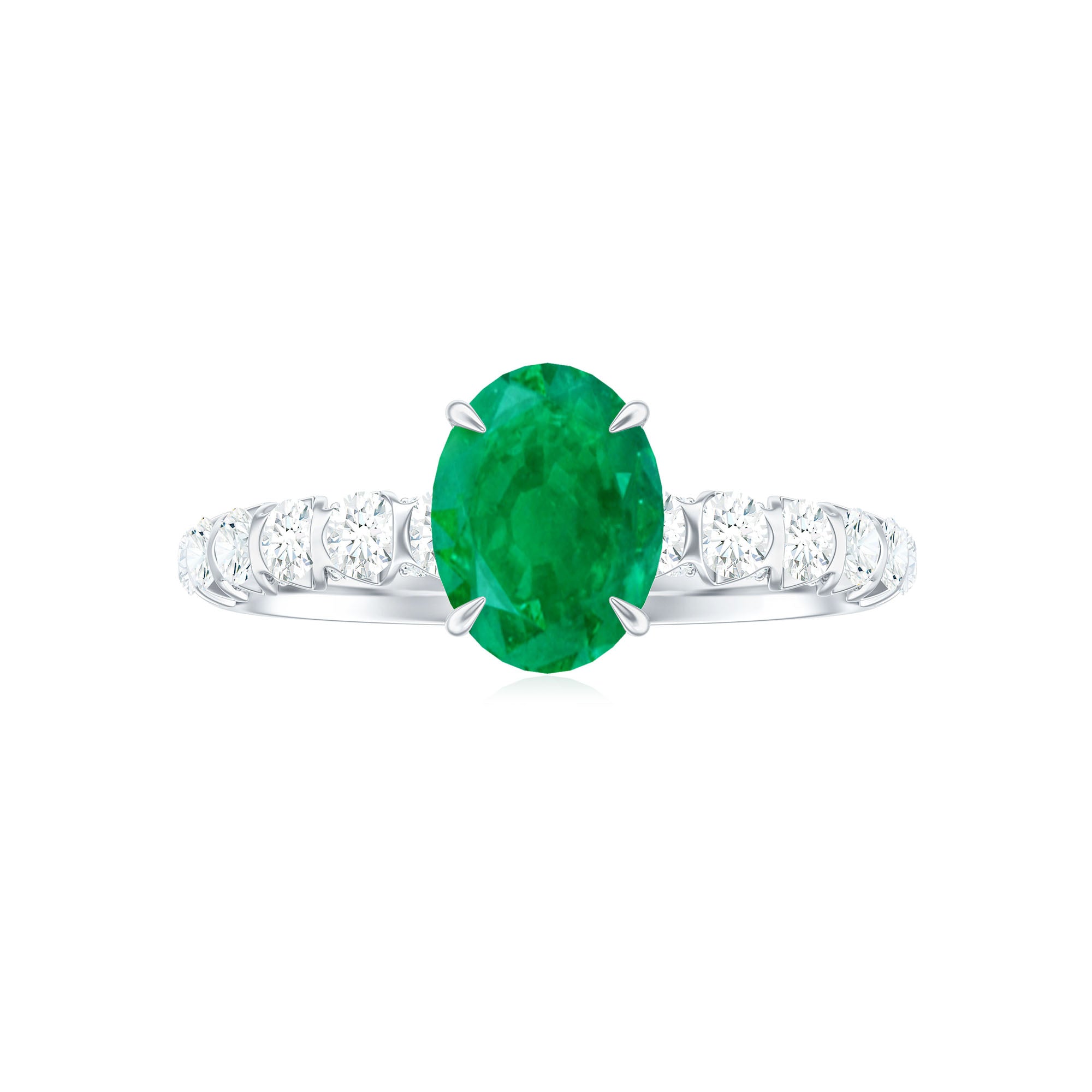 Natural 1.2 Carat Emerald Oval Engagement Ring with Diamond Side Stones