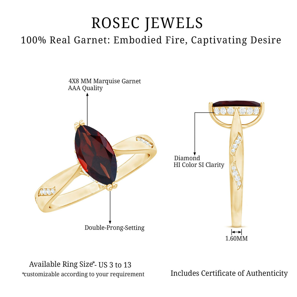 Natural Solitaire Garnet Marquise Engagement Ring with Diamond