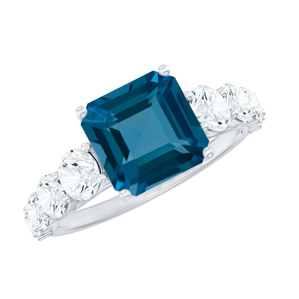 3 Carat Asscher Cut London Blue Topaz Solitaire Engagement Ring with Moissanite