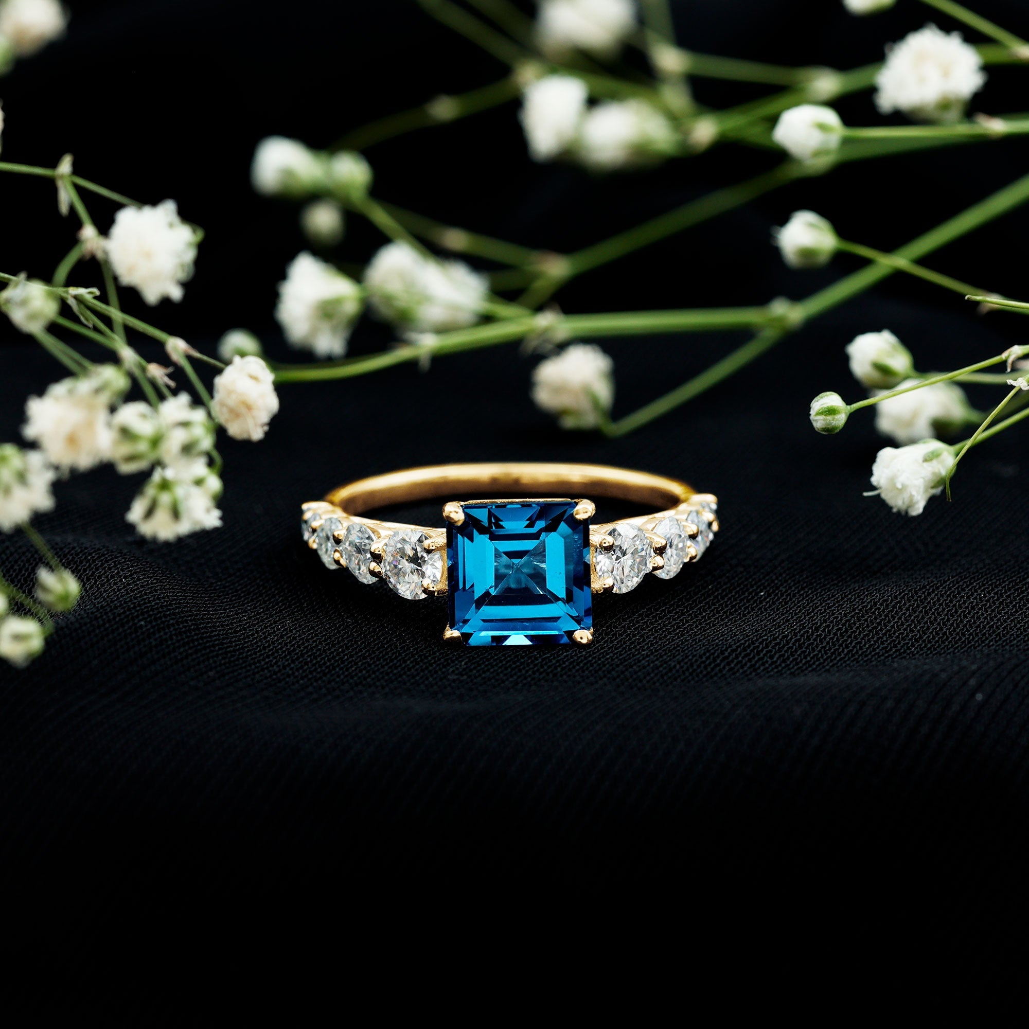 3 Carat Asscher Cut London Blue Topaz Solitaire Engagement Ring with Moissanite