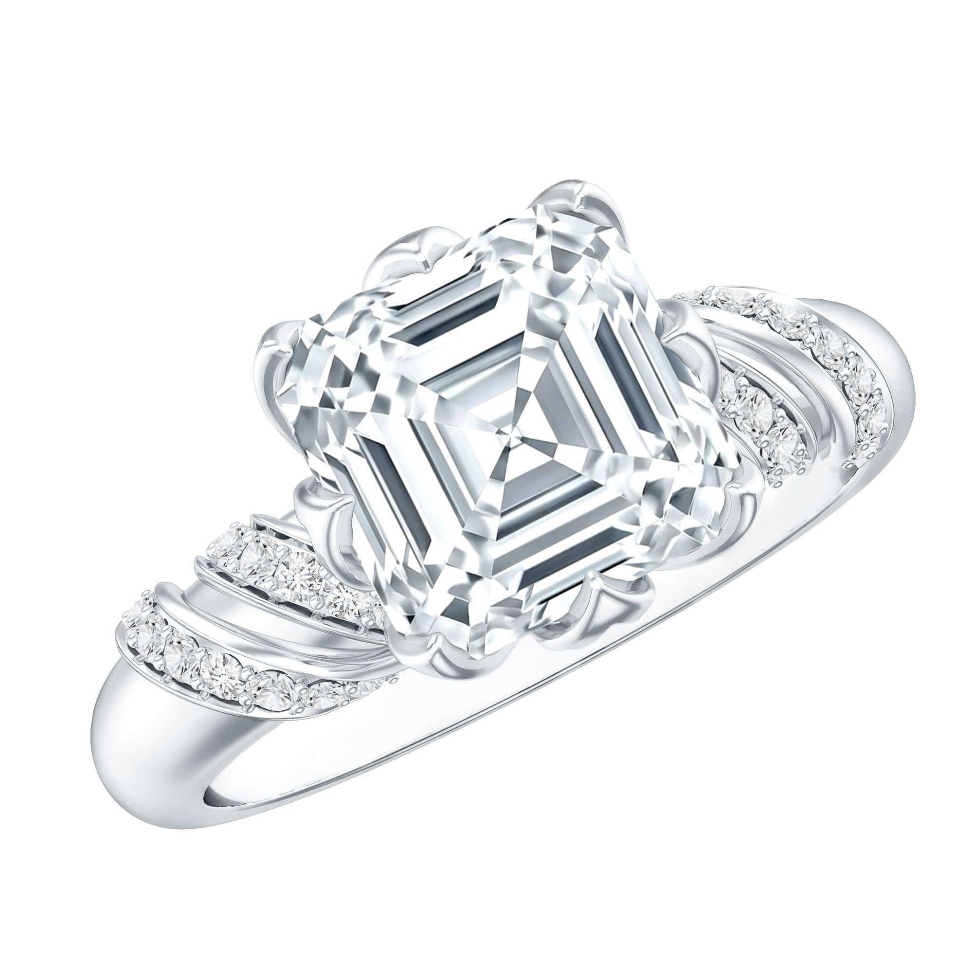 3 Carat Asscher Cut Moissanite Solitaire Engagement Ring in Petal Prong Setting