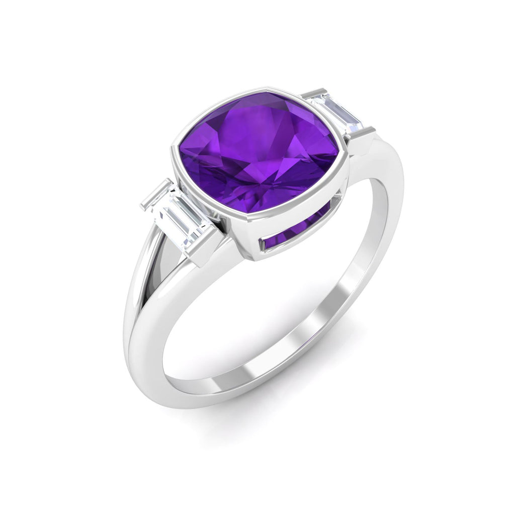 Genuine 2 Carat Amethyst Cushion Cut Engagement Ring with Diamond
