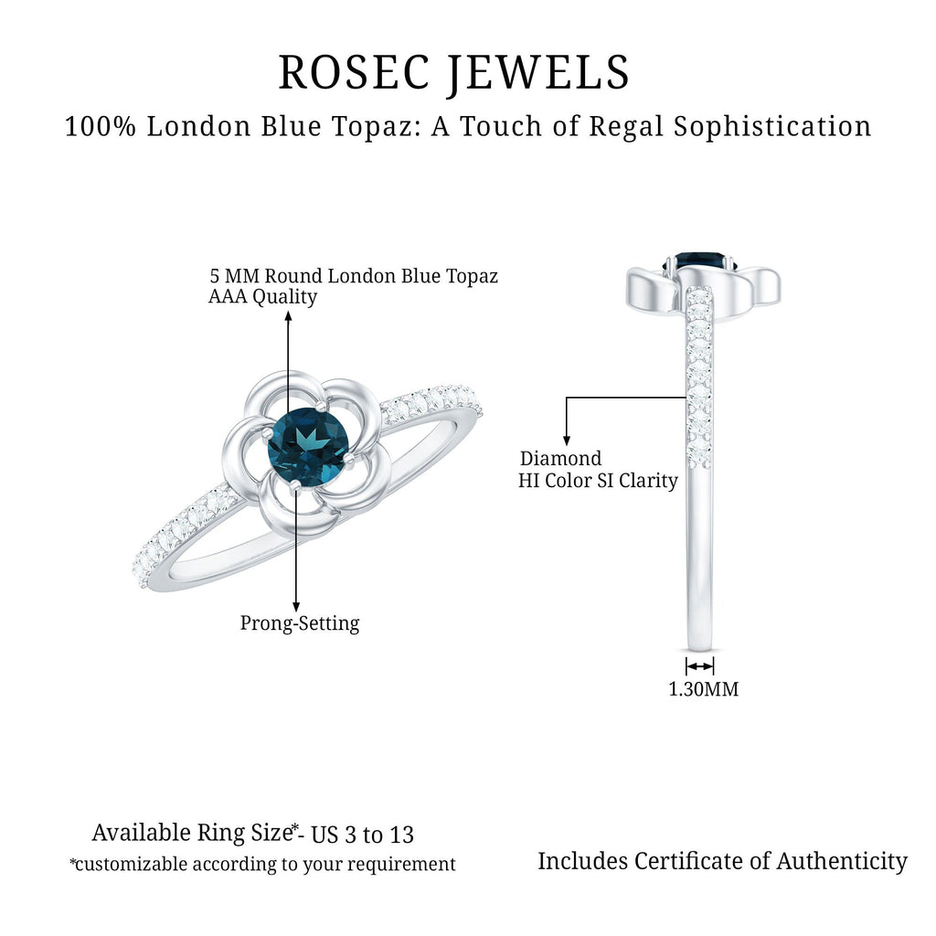 0.6 Carat Round London Blue Topaz Flower Promise Ring with Diamond