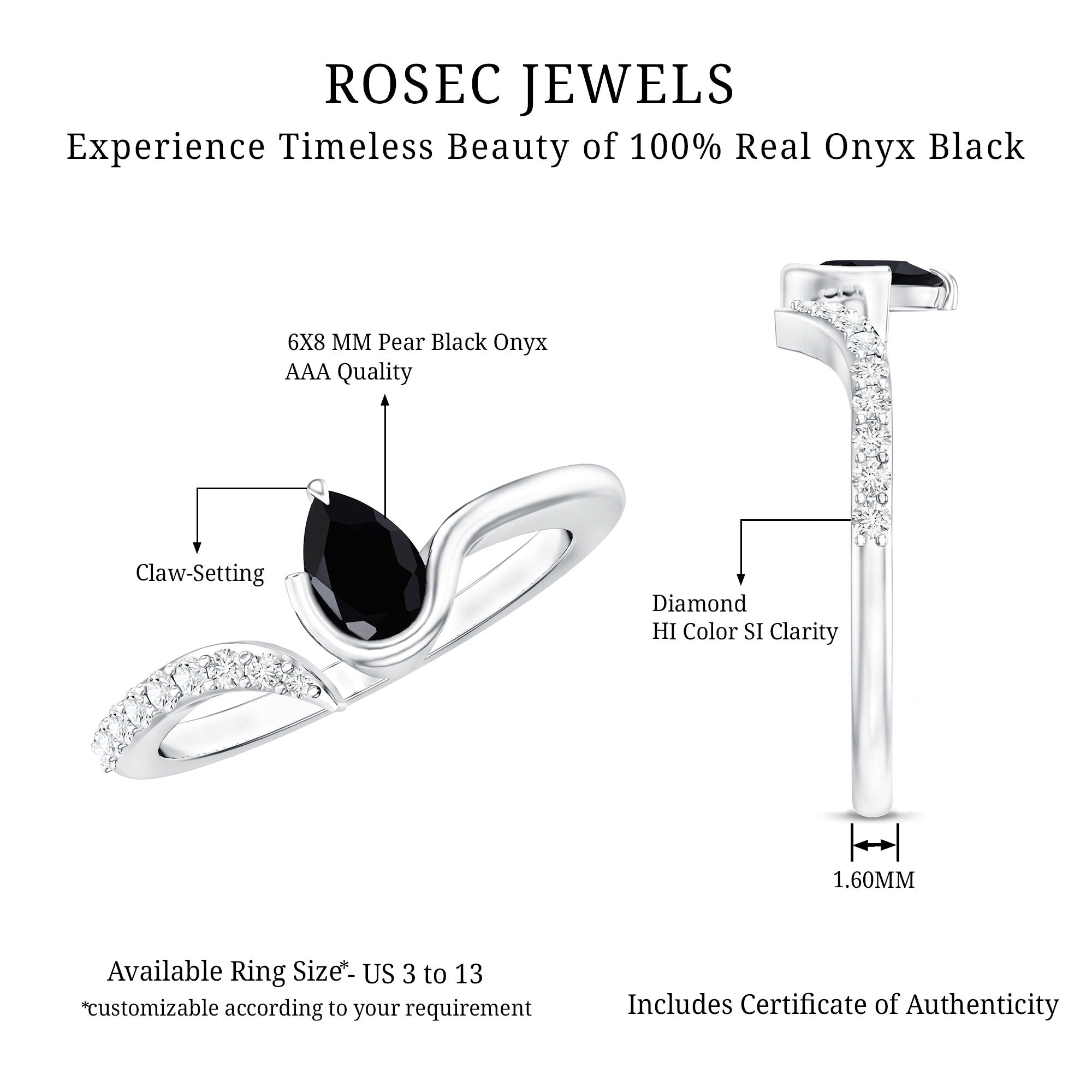 Pear Shaped Black Onyx Promise Ring with Diamonds