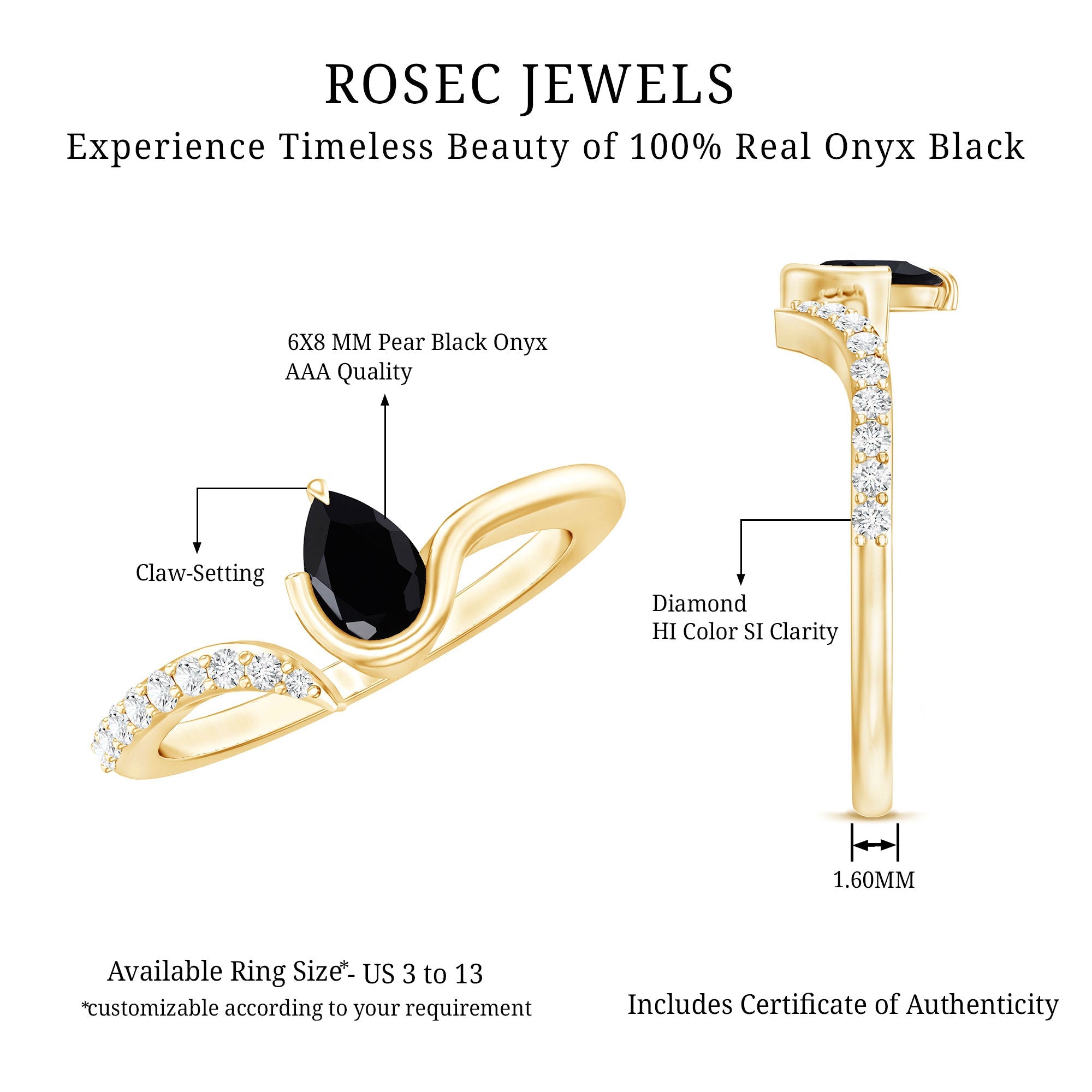 Pear Shaped Black Onyx Promise Ring with Diamonds