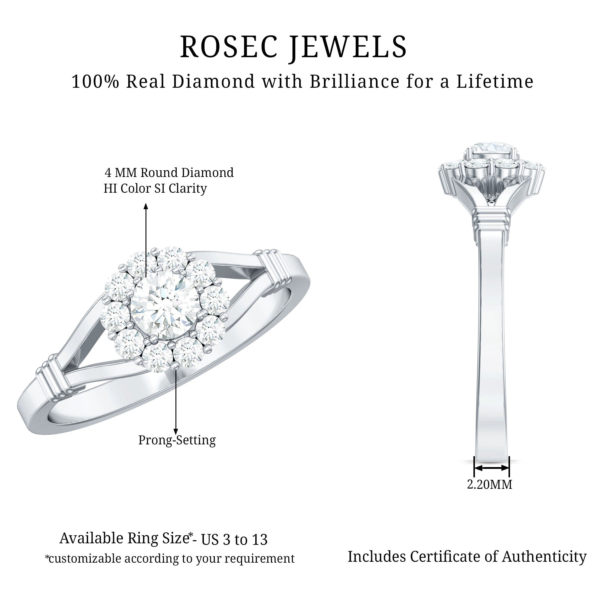 Natural Diamond Halo Engagement Ring with Split Shank