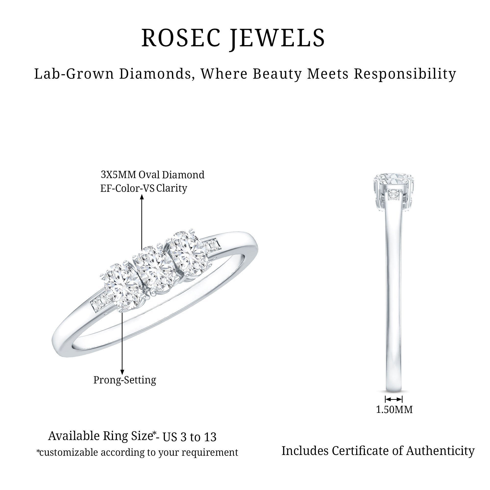 Lab Grown Oval Diamond 3 Stone Engagement Ring