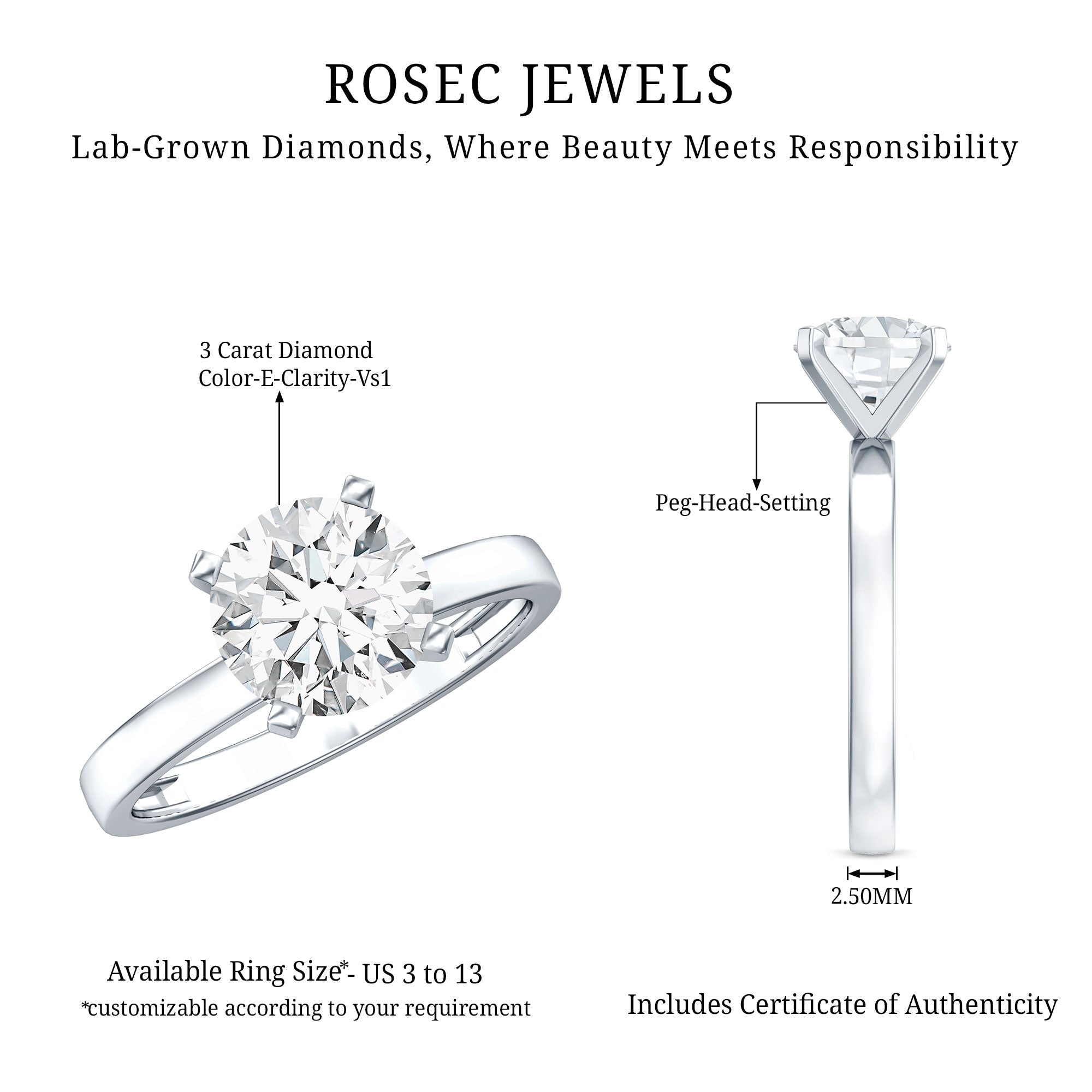 IGI Certified 3 CT Round Lab Grown Diamond Solitaire Engagement Ring