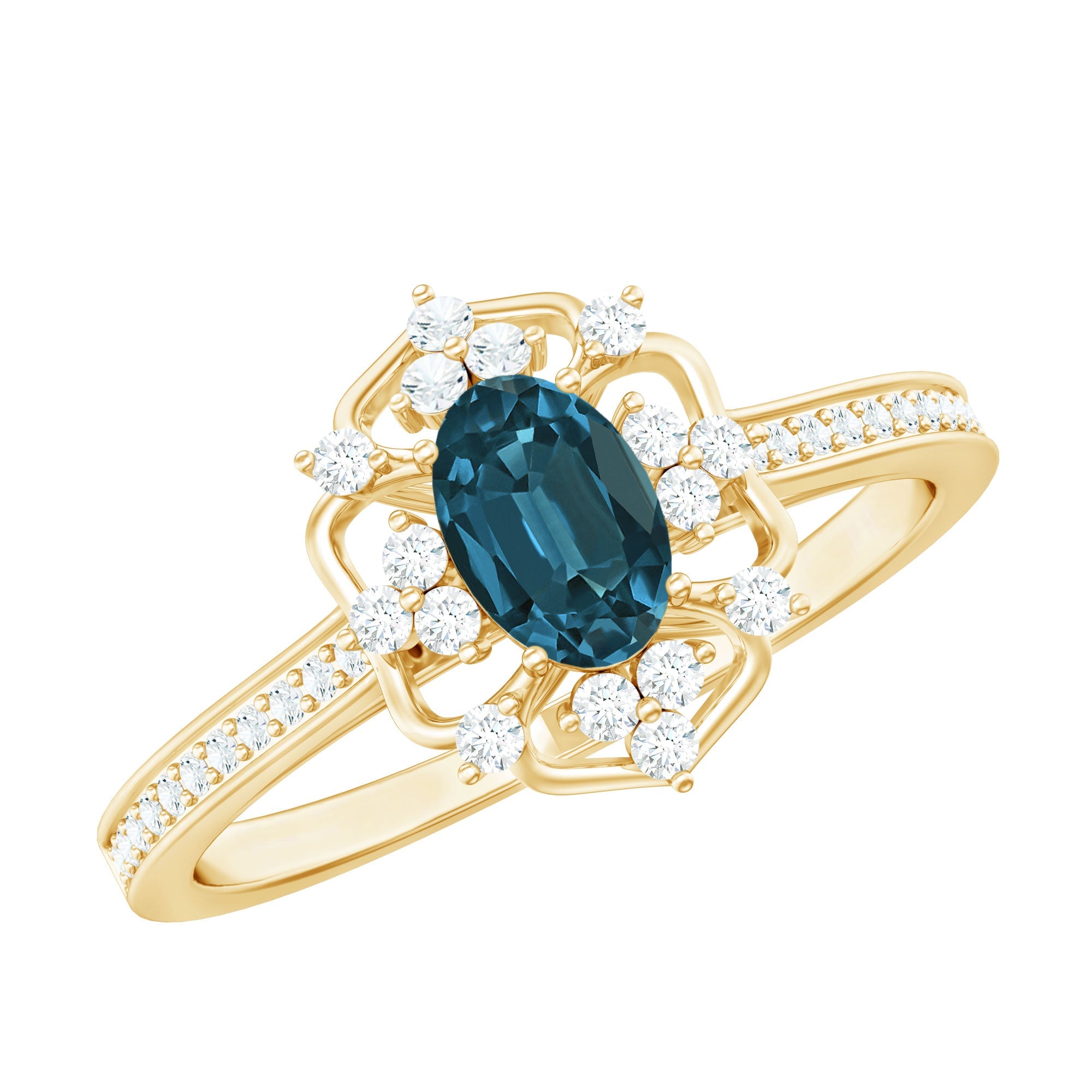 0.4 Carat Oval Cut London Blue Topaz Vintage Engagement Ring with Diamond | Rings | Wiccan Center