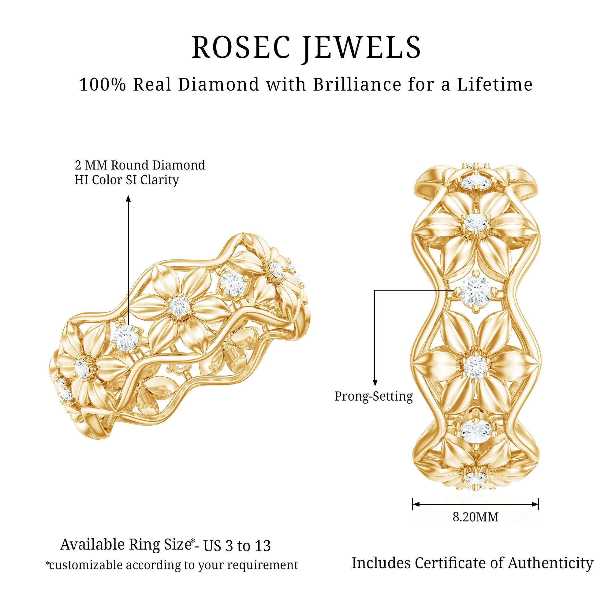 Natural Diamond Flower Wedding Band Ring With Certificate