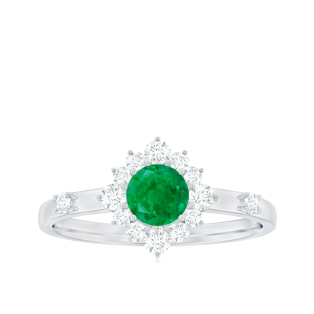 0.4 Carat Round Shape Emerald Promise Ring with Diamond Halo
