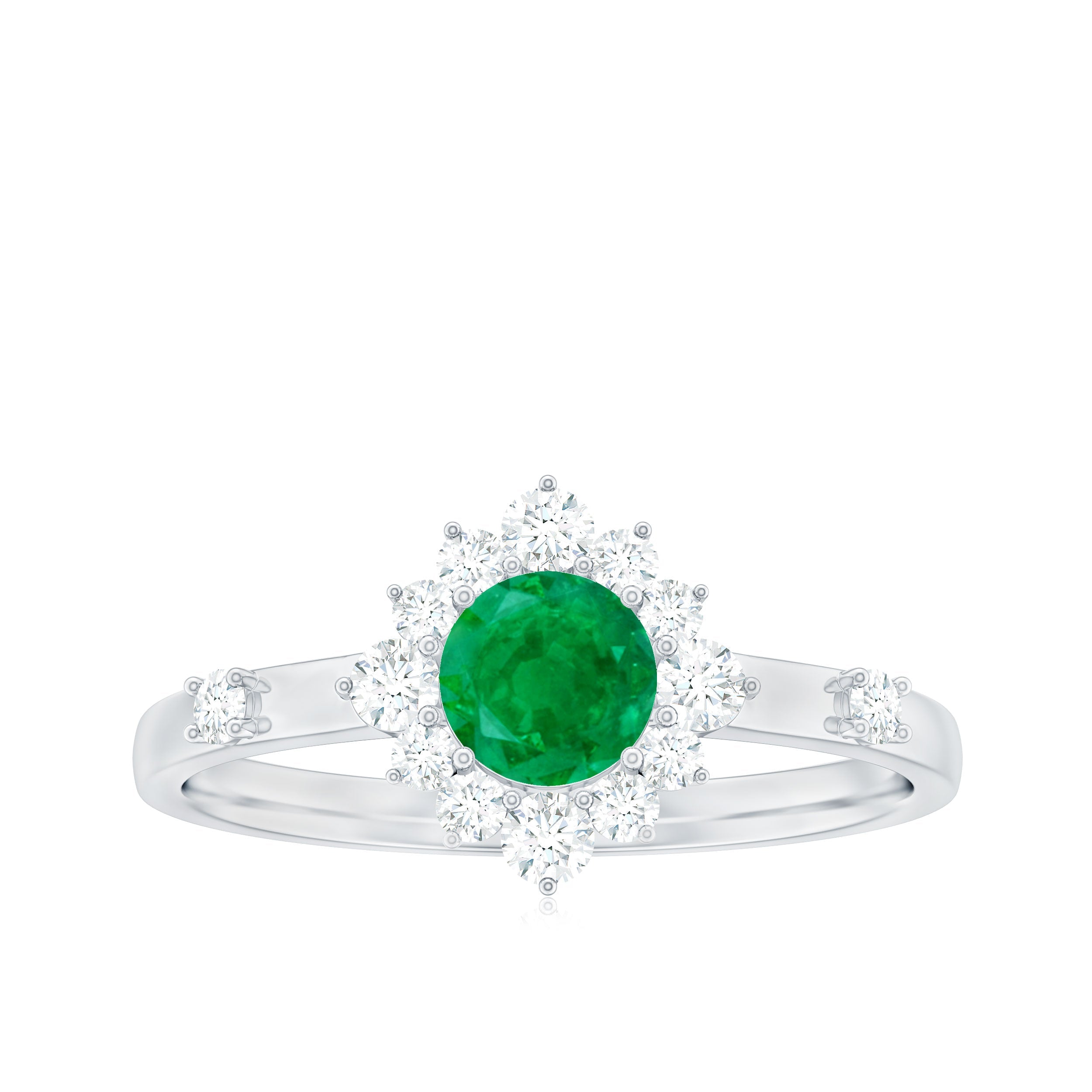 0.4 Carat Round Shape Emerald Promise Ring with Diamond Halo