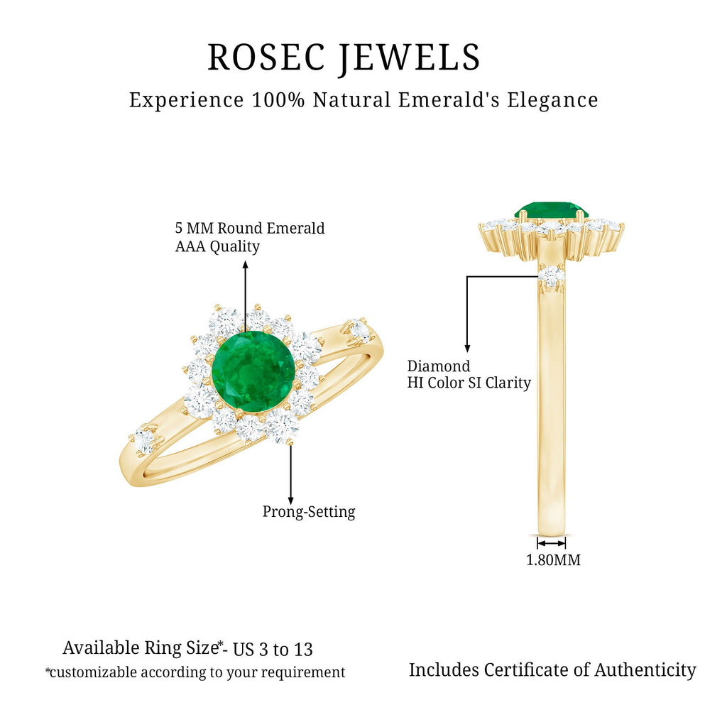0.4 Carat Round Shape Emerald Promise Ring with Diamond Halo