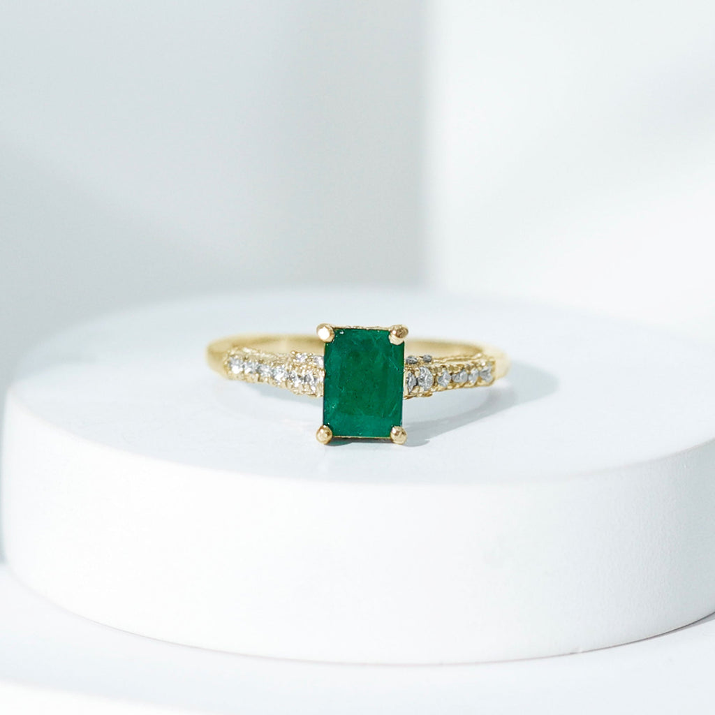 Vintage Inspired 1 Carat Emerald Cut Emerald Engagement Ring with Diamonds
