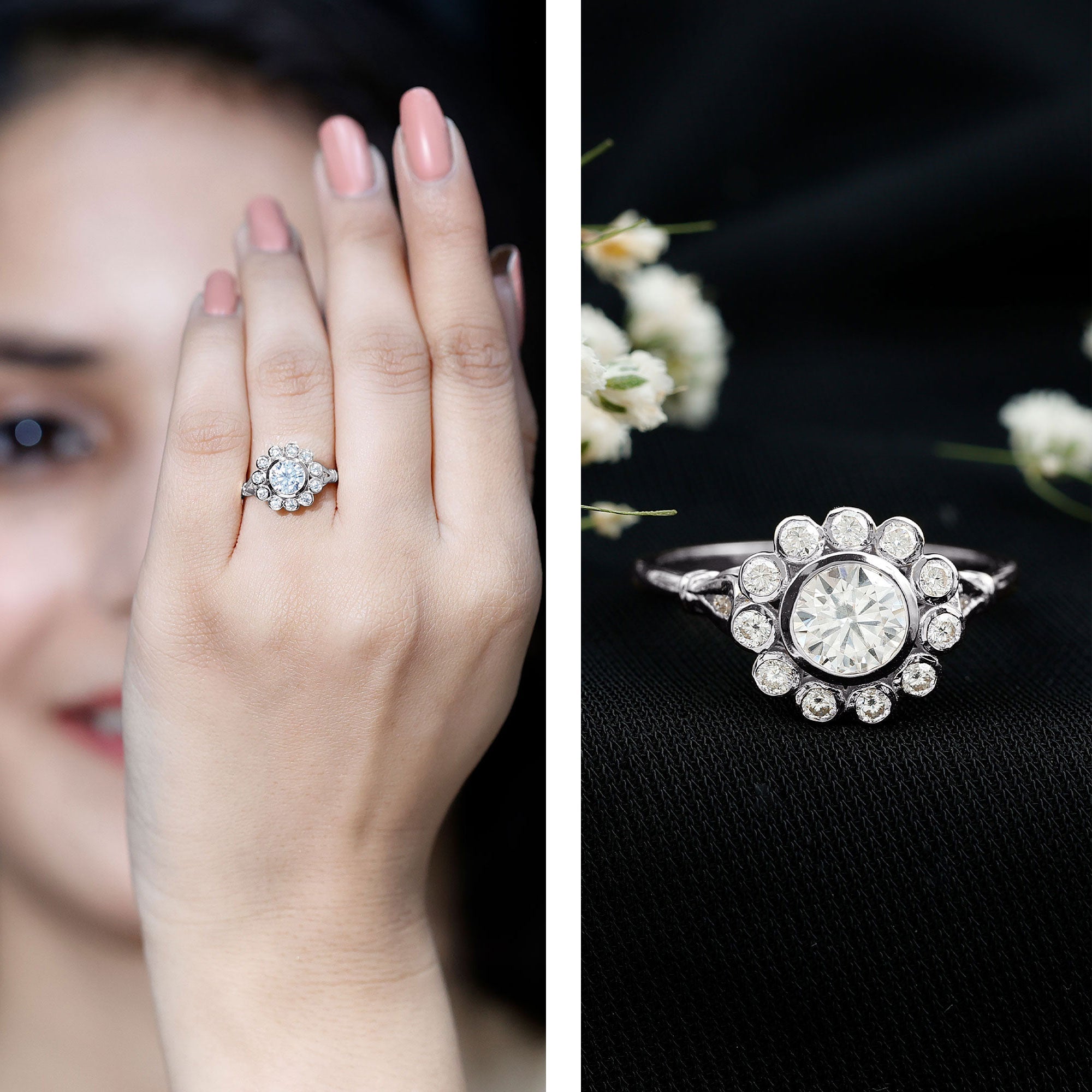 Certified Moissanite Bezel Set Engagement Ring