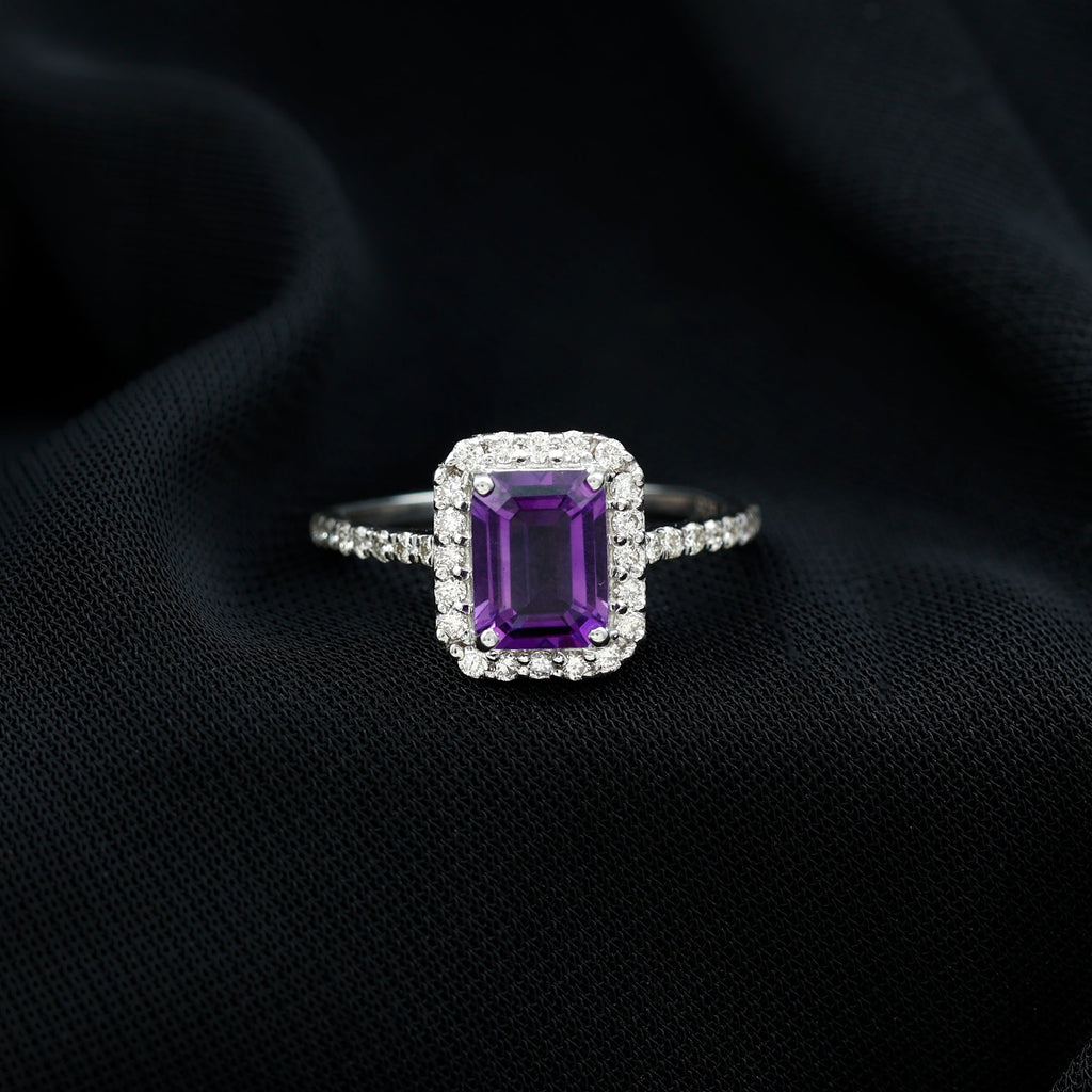 1.4 Carat Amethyst Emerald Cut Engagement Ring with Diamond Halo