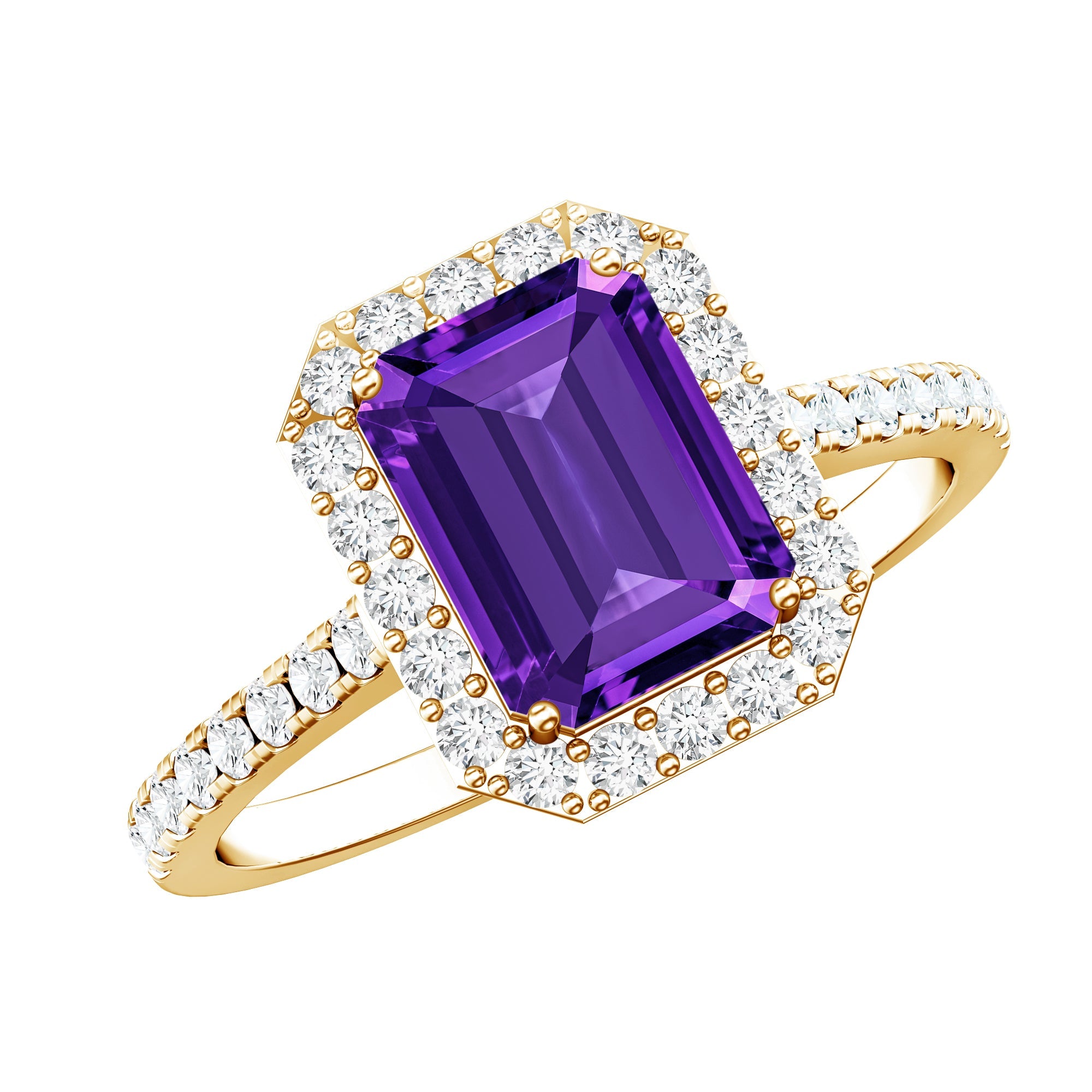 1.4 Carat Amethyst Emerald Cut Engagement Ring with Diamond Halo | Rings | Wiccan Center