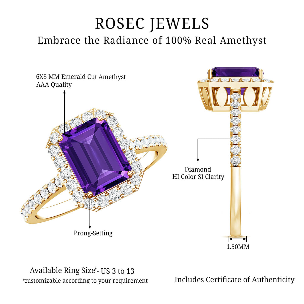 1.4 Carat Amethyst Emerald Cut Engagement Ring with Diamond Halo